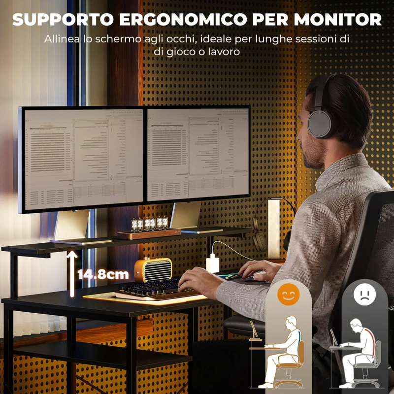 HOMCOM Scrivania Angolare per Computer con Prese Elettriche e Doppio Supporto per Monitor, 137x140cm, Nero