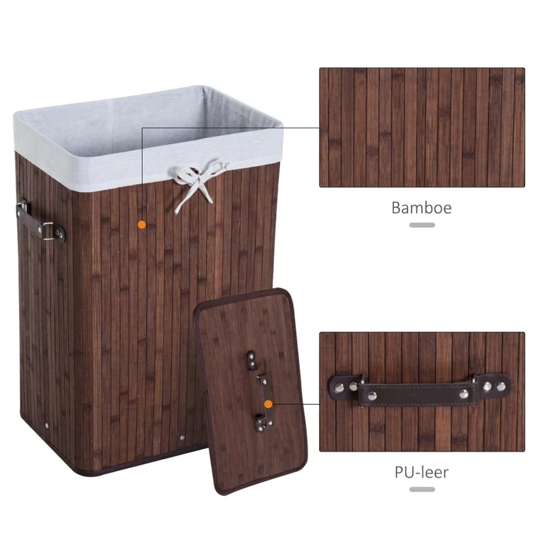 HOMCOM Wasmand waskist wasbox waskorf hoekig bamboe 72 l grijs