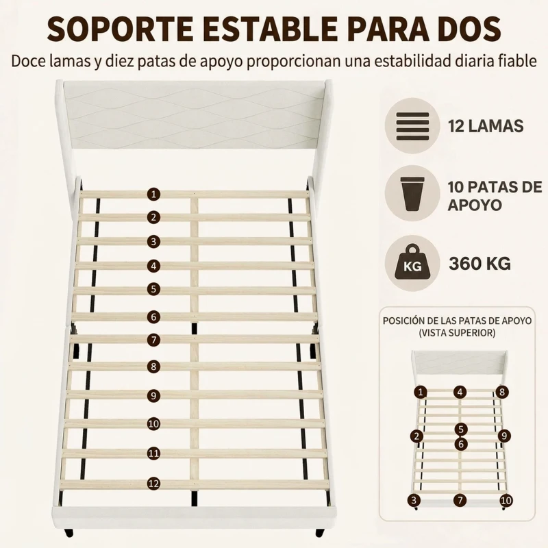 HOMCOM Cama Tapizada 140x200 cm con Cabecero Acolchado con Alas de Terciopelo Láminas de Madera Fácil Montaje Beige