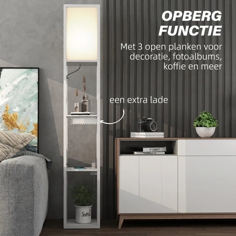 HOMCOM Vloerlamp met 3-laags rek, voetschakelaar, USB-poorten, MDF, wit