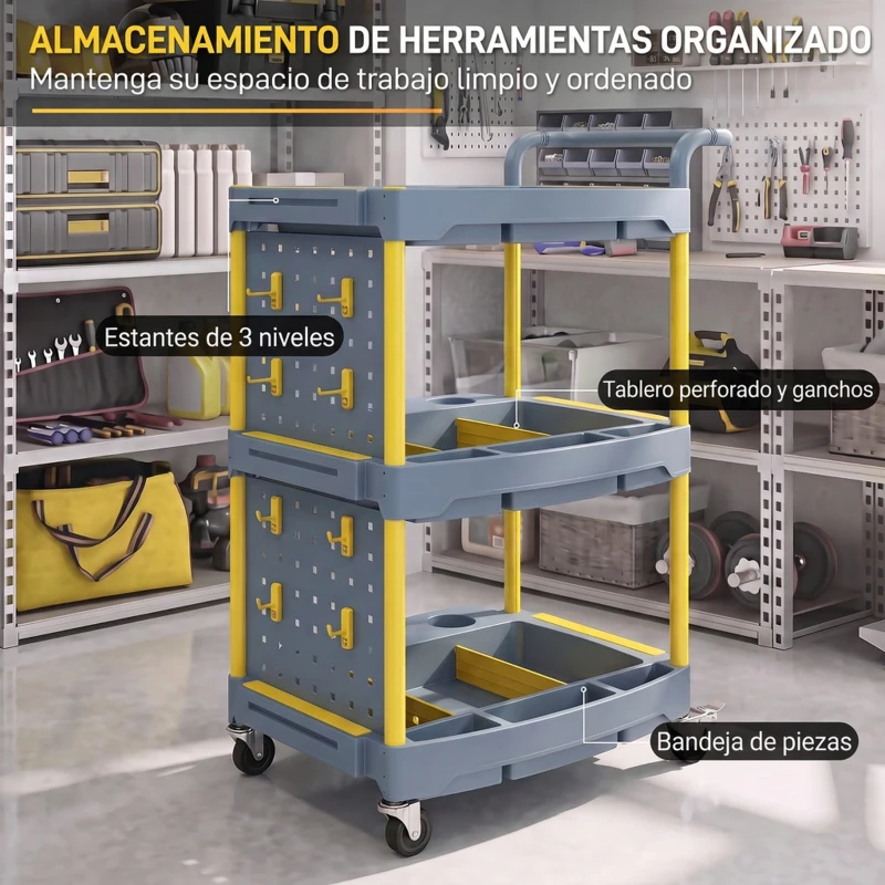 HOMCOM Carro de Herramientas con Ruedas de 3 Niveles con Panel Perforado 8 Ganchos para Garaje Taller Almacén Gris y Amarillo