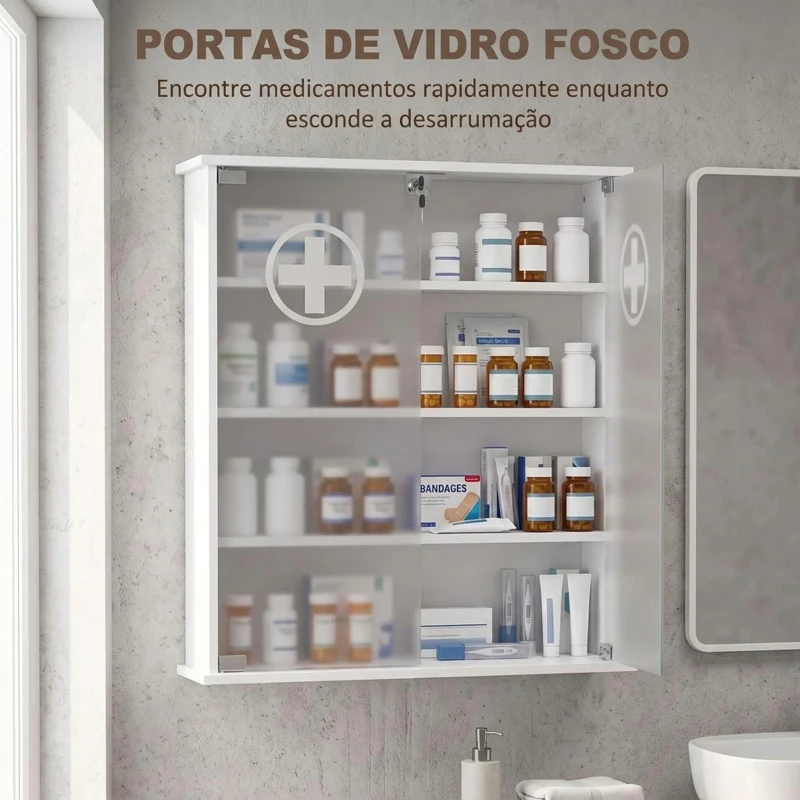 HOMCOM Armário de Medicamentos de Parede com Fechadura 2 Chaves e Portas de Vidro 60x17x82,5 cm Branco