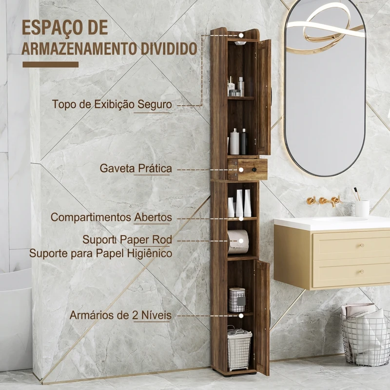 HOMCOM Coluna de Casa de Banho com 2 Portas, Compartimento Aberto, Prateleiras Ajustáveis e Suporte para Papel Higiénico, 20x20x185 cm, Castanho Acinzentado