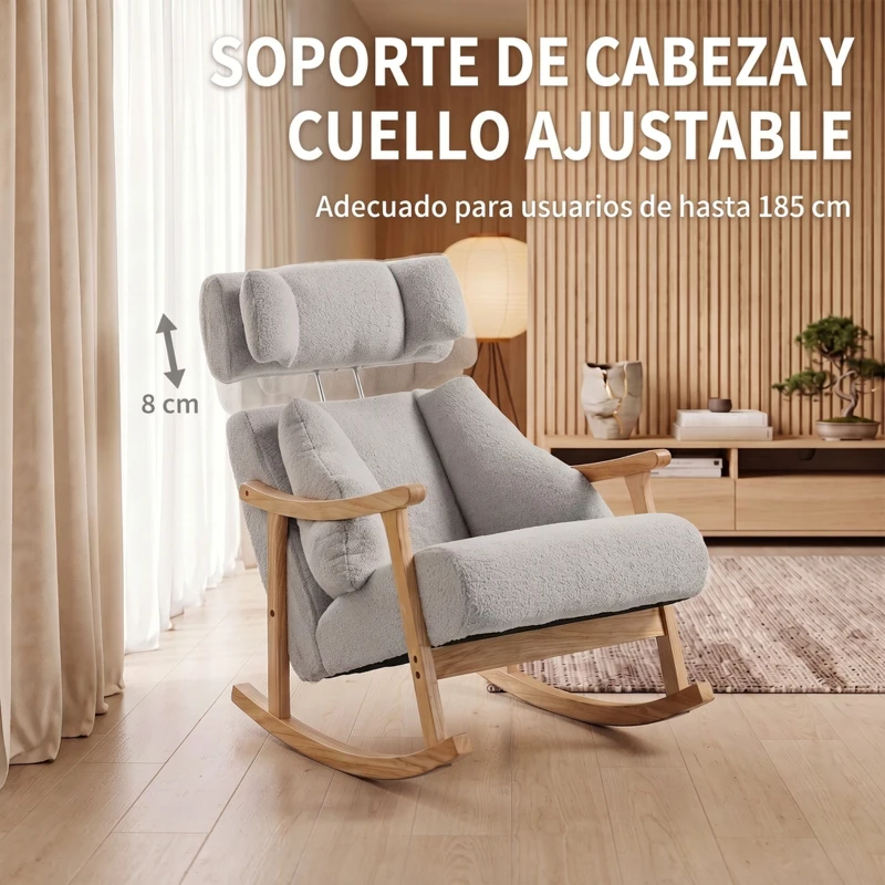 HOMCOM Mecedora Tapizada de Borreguito con Reposacabezas Ajustable y Patas de Madera 65x98x88 cm Gris Claro