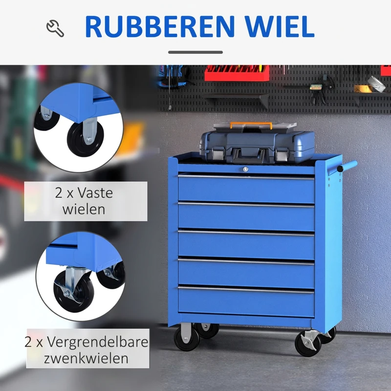 HOMCOM® werkplaatswagen verrijdbaar, afsluitbaar met 5 schuifladen, gereedschap wagen verrijdbare gereedschapswagen gereedschapskist schuifladen blauw(m-5)