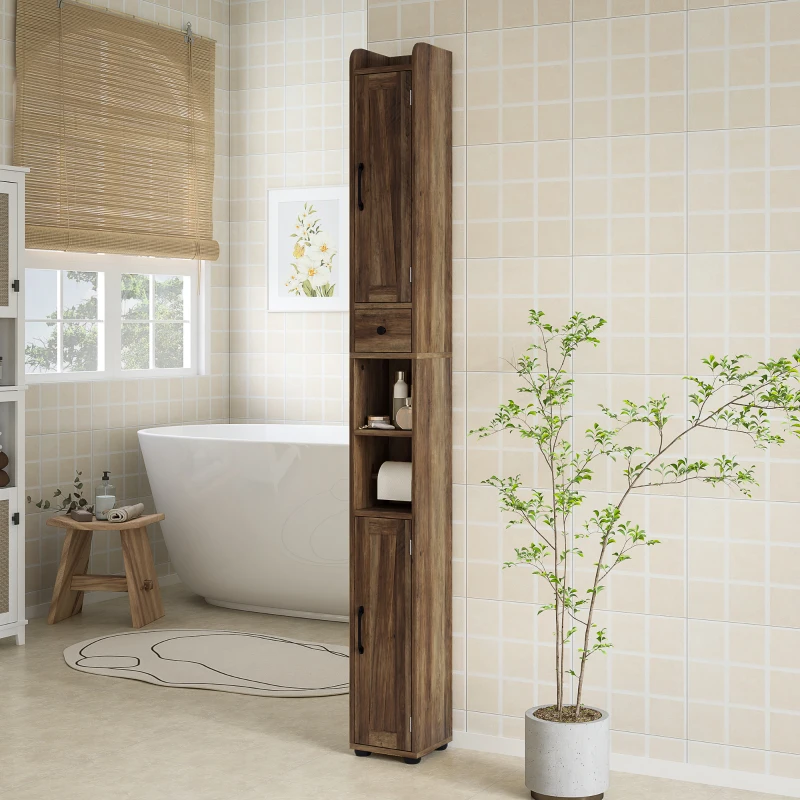 HOMCOM Coluna de Casa de Banho com 2 Portas, Compartimento Aberto, Prateleiras Ajustáveis e Suporte para Papel Higiénico, 20x20x185 cm, Castanho Acinzentado
