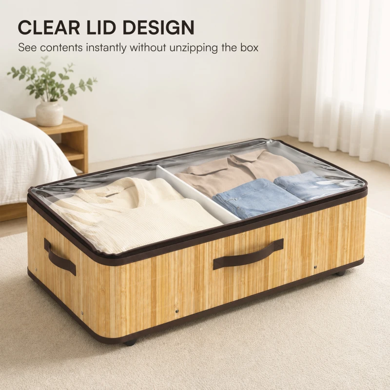 HOMCOM 72L Under Bed Storage with Wheels Pack of 2, Underbed Storage Box with Clear Lid Cover and Reinforced Handle, Natural