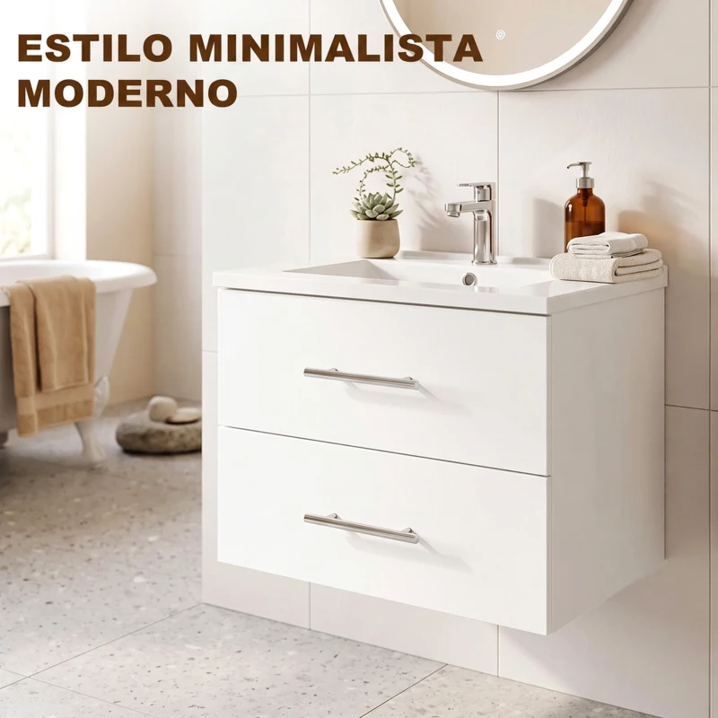 HOMCOM Mueble de Baño con Lavabo Montaje en Pared con 2 Cajones Lavamanos de Cerámica Estilo Moderno 61x40x48 cm Blanco