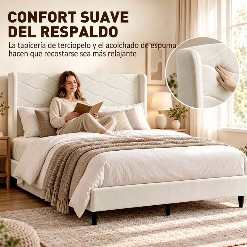 HOMCOM Cama Tapizada 140x200 cm con Cabecero Acolchado con Alas de Terciopelo Láminas de Madera Fácil Montaje Beige