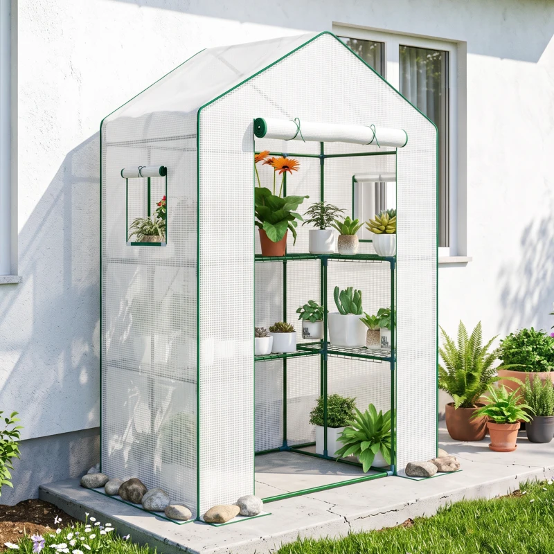 Outsunny Estufa de Jardim com 1 Porta 2 Janelas e Prateleiras de 2 Níveis em Forma de U para Cultivo de Plantas 140x73x190 cm Branco