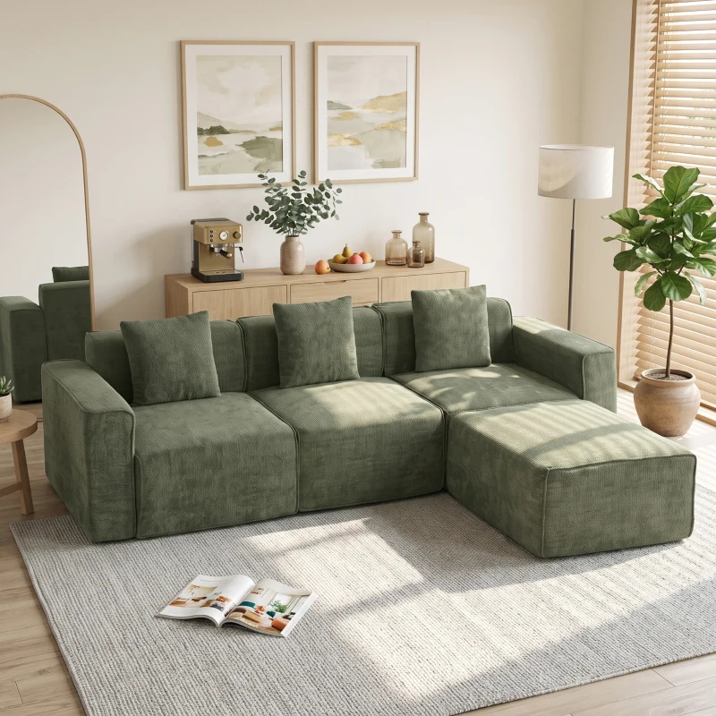 HOMCOM Sofá 3 plazas con puf reversible, sofá en L modular de chenilla 251 cm moderno, asiento amplio, verde