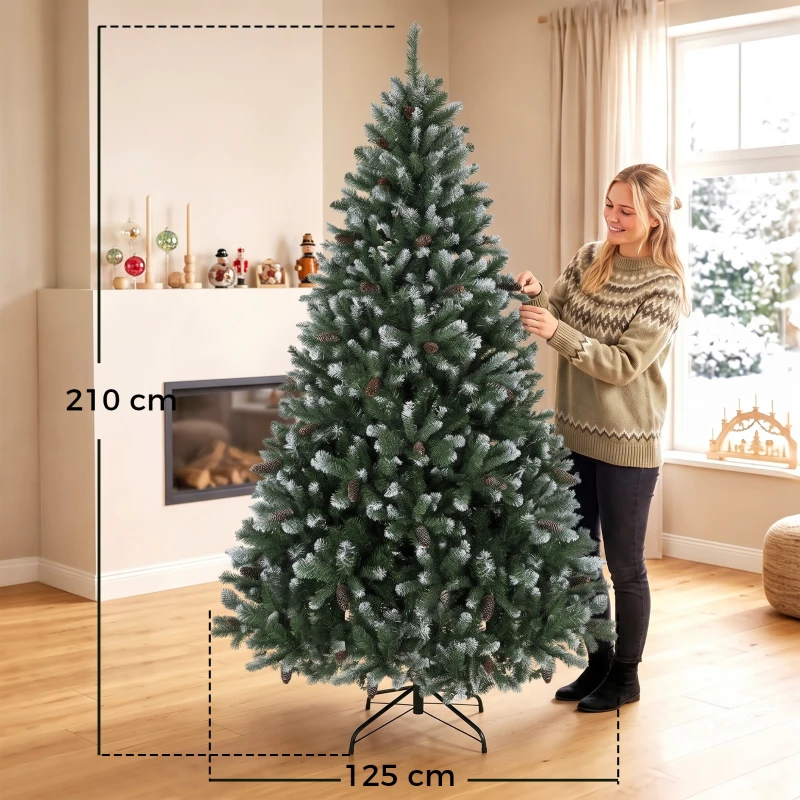 HOMCOM Árbol de Navidad Artificial 210 cm con 1140 Puntas Efecto Nevado 75 Piñas y Base Metálica Plegable Verde y Blanco
