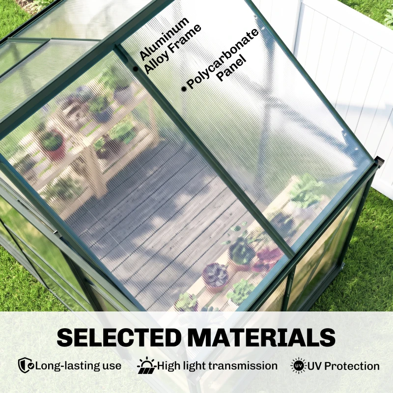 Outsunny 6 x 4ft Polycarbonate Greenhouse, Large Walk in Green House with Slide Door and Window, Garden Plants Grow House with Aluminium Frame and Foundation, Dark Green