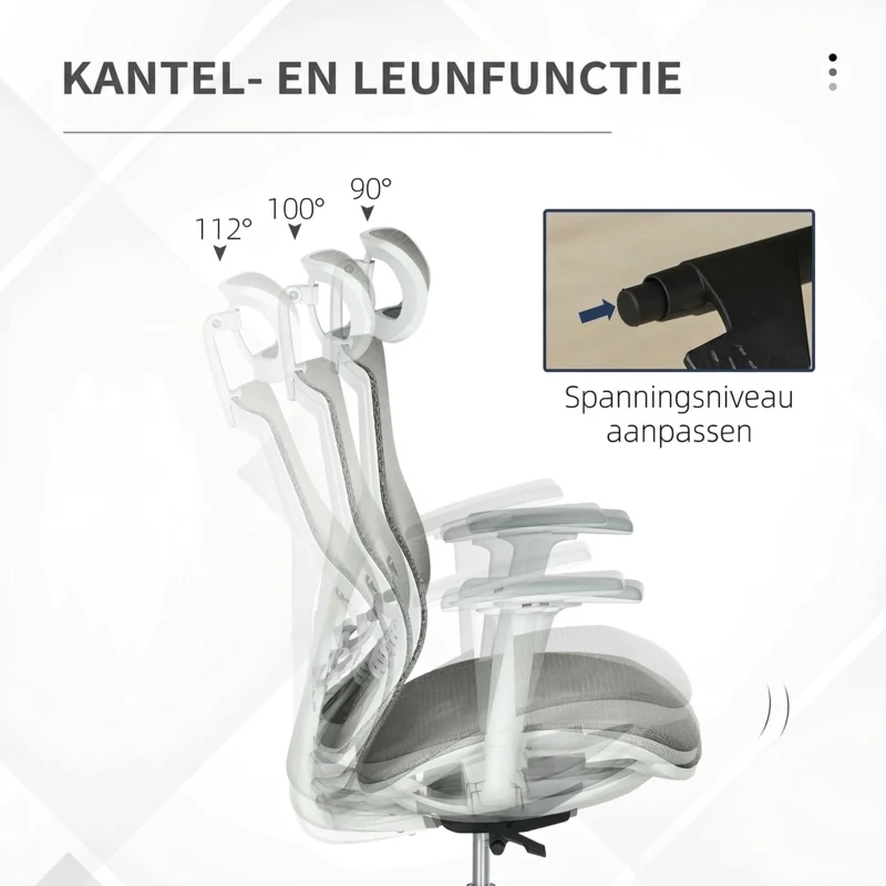 Vinsetto bureaustoel met hoofdsteun 3D-armleuning 3 niveaus in hoogte verstelbaar ergonomische netstof schuimgrijs 67 x 65 x 120-128 cm