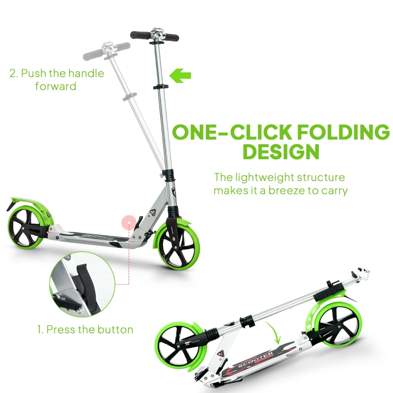HOMCOM Folding Kick Scooter, Adjustable Ride On Scooter with 200mm Big Wheels and Double Shock Absorption, Urban Scooter for 14+ Teens Adult, Green