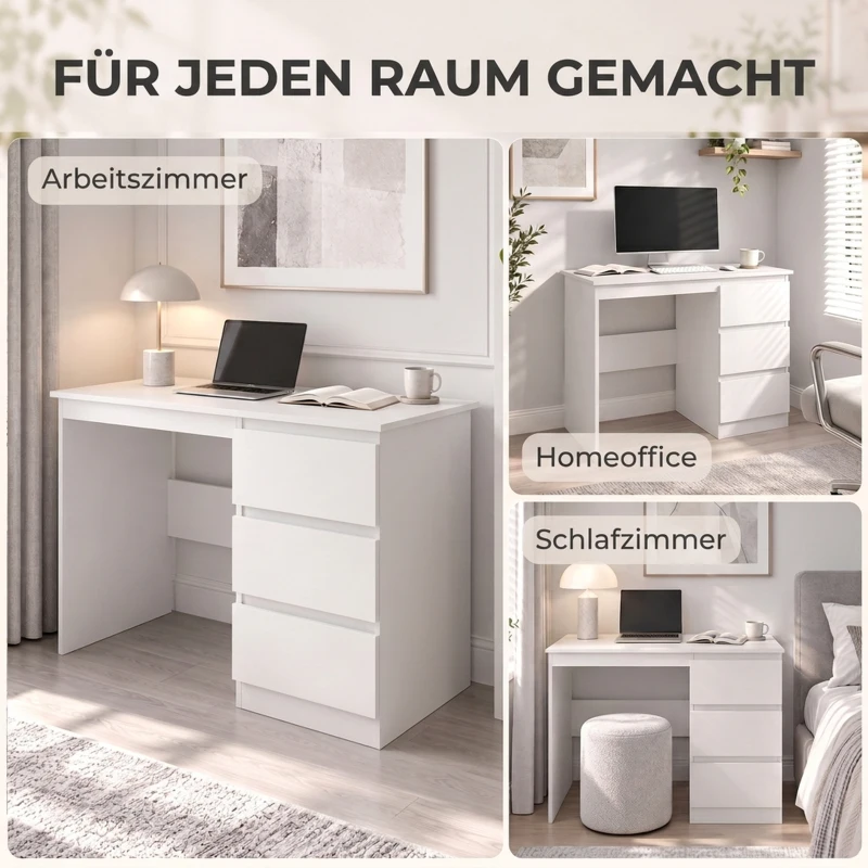 HOMCOM Computerbureau met 3 lades, modern bureau, pc-tafel 100 x 50 x 75 cm, wit
