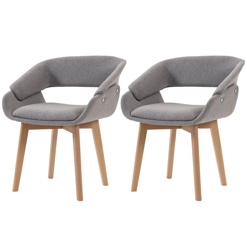 HOMCOM Lote de 2 Sillas de Comedor, Sillas de Cocina en Tejido Efecto Lino, Respaldo Curvado, Patas en Madera de Haya, Gris