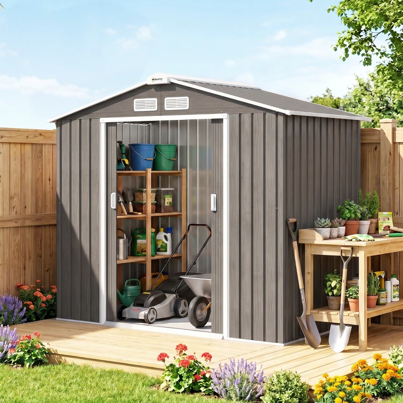 Outsunny Abri de Jardin 2,42 m² - Remise pour Outils avec Fondation - cabanon Porte verrouillable - tôle d'acier marron clair