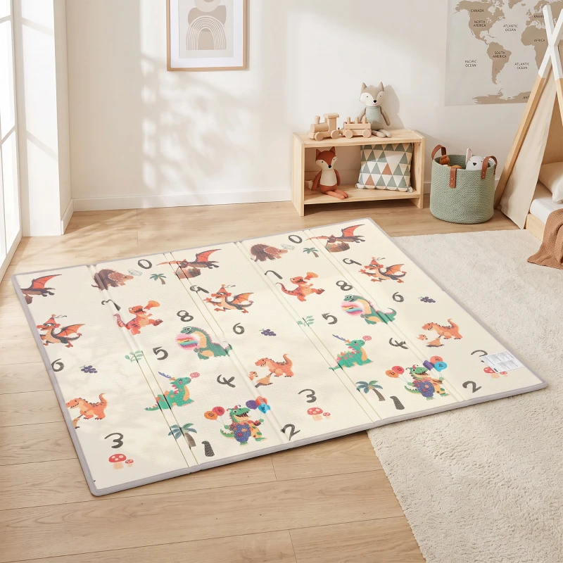 AIYAPLAY Opvouwbare dubbelzijdige baby speelmat met verkeers- en dinosaurusmotief, 200 x 180 cm, voor kinderen van 0-3 jaar
