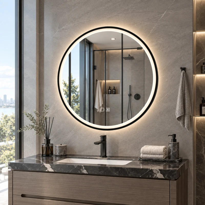 HOMCOM Bathroom Mirror with LED Lights, 60cm Round LED Bathroom Mirror with 3 Colours Dimmable, Bluetooth, Anti-Fog, Black