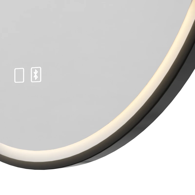 HOMCOM Bathroom Mirror with LED Lights, 60cm Round LED Bathroom Mirror with 3 Colours Dimmable, Bluetooth, Anti-Fog, Black