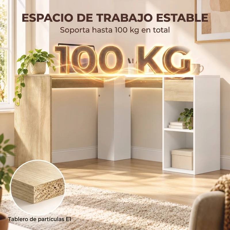 HOMCOM Escritorio Esquinero en L de 120x110 cm con Cajón y 2 Estantes para Oficina en Casa Estudio Blanco y Natural
