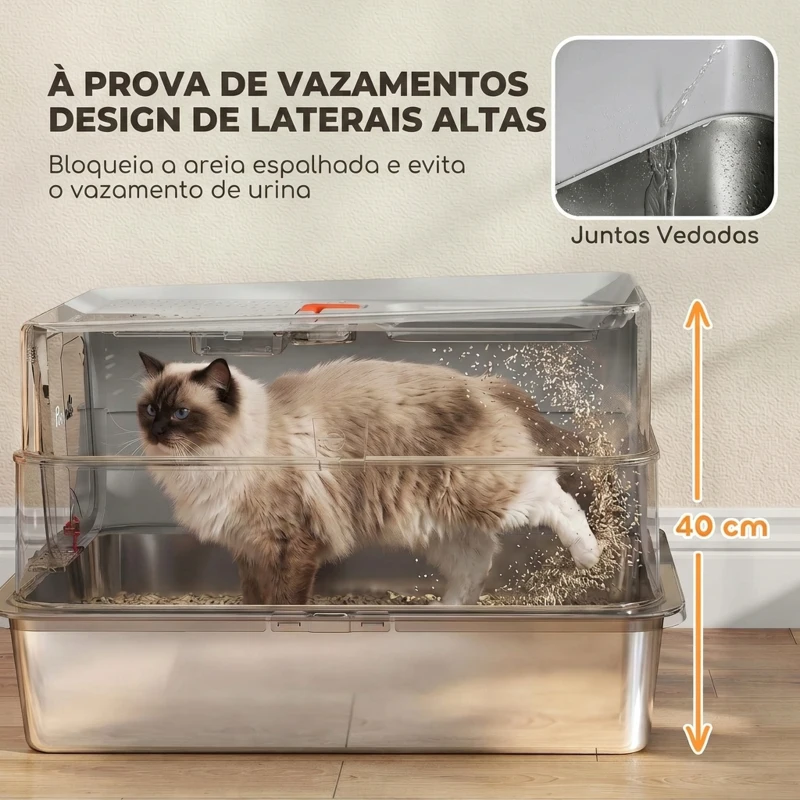 PawHut Caixa de Areia para Gatos em Aço Inoxidável com Tampa Amovível e Pá XXL, Cinzento-Claro