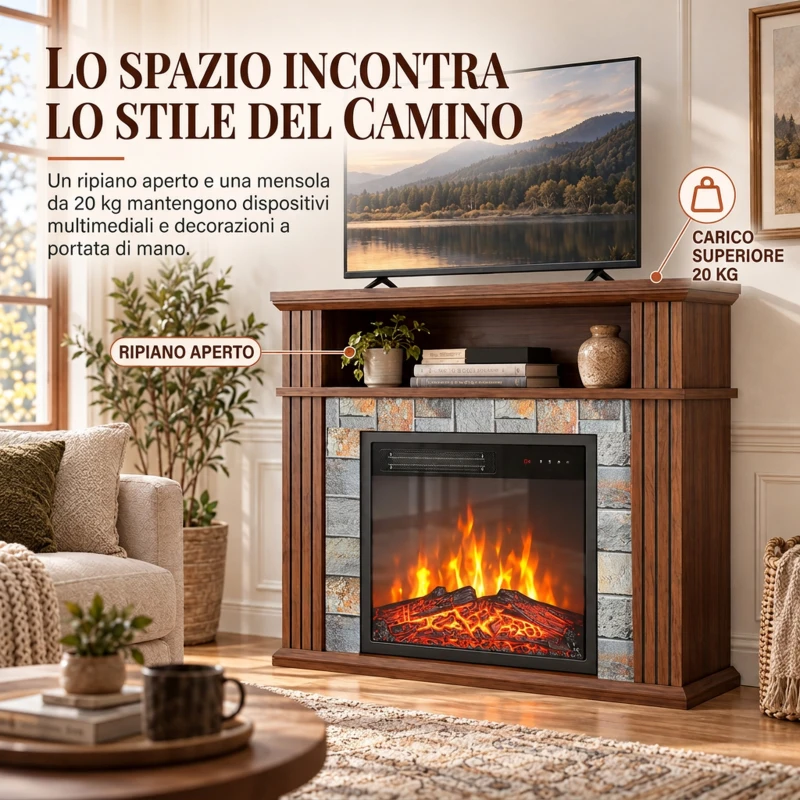 HOMCOM Camino Elettrico da Terra/Incasso con Cornice e Ripiano, 1800W, Effetto Fiamma 3D, Marrone