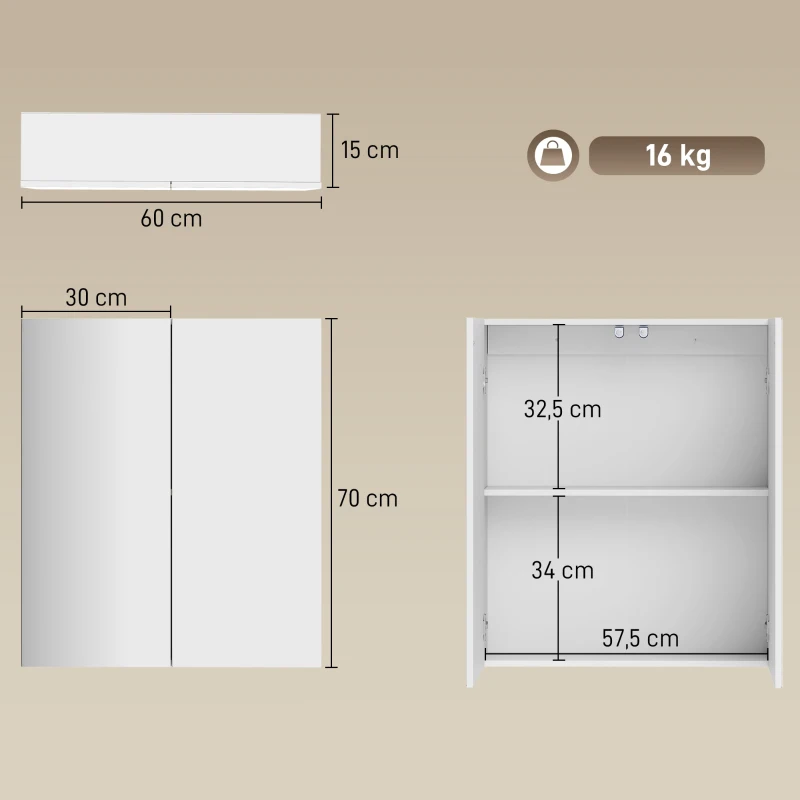 kleankin Armário de Casa de Banho com Espelho de Parede com 2 Portas e Prateleira Ajustável Fecho Suave 60x15x70 cm Branco