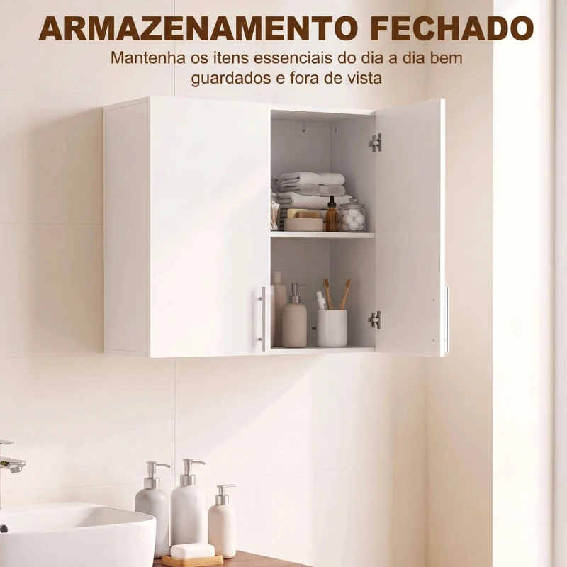 HOMCOM Armário de Parede com 2 Portas e Prateleira Ajustável para Cozinha ou Casa de Banho Branco