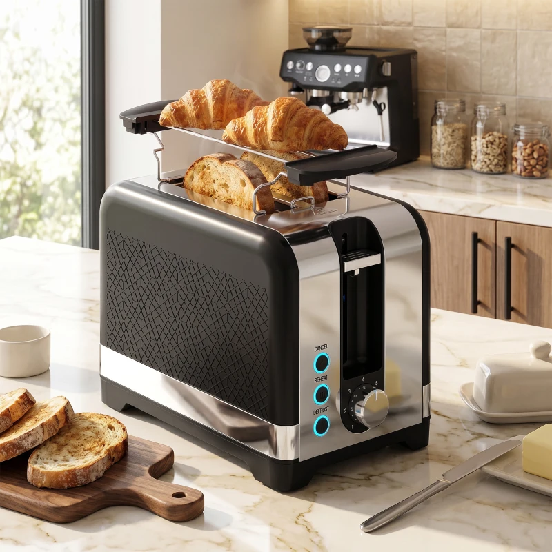 HOMCOM 2-Scheiben-Toaster mit 7 Bräunungsstufen, Aufwärm-/Auftau-/Abbruchfunktionen, Wärmerost, 930 W