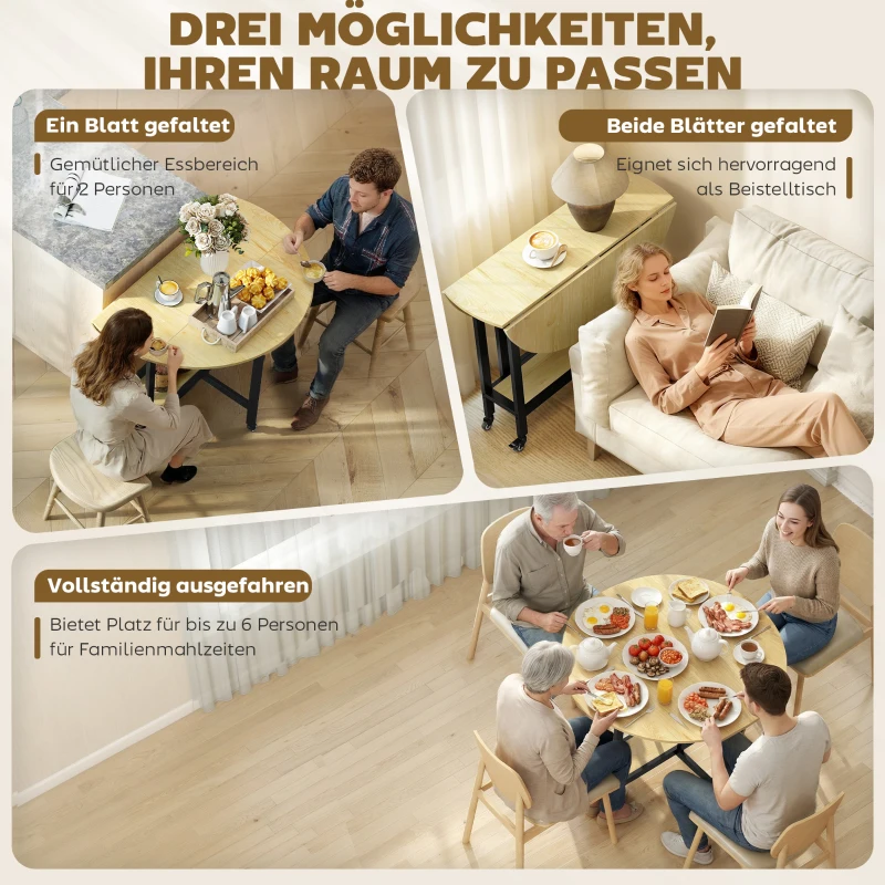 HOMCOM Klapptisch, Tisch mit Klappfunktion und offener Ablage, Rollbarer Küchentisch für Esszimmer, kleine Räume, Eiche