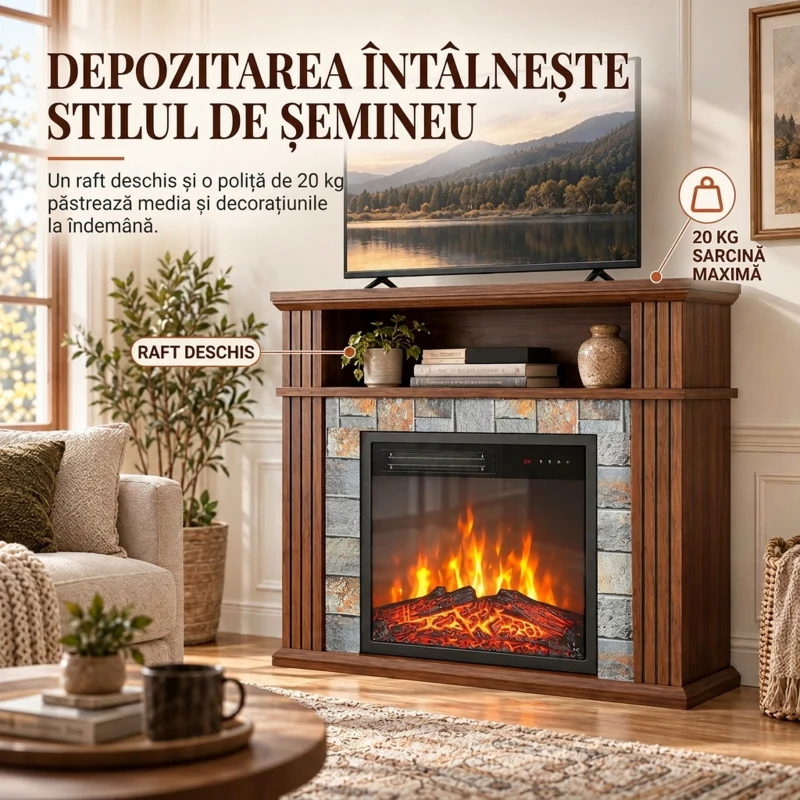 HOMCOM Șemineu electric de podea/încastrabil pentru TV 36" cu ramă și raft, 1800W, efect de flacără 3D, bușteni, maro