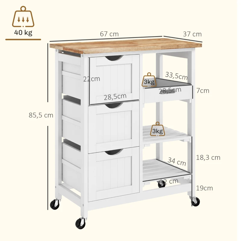 HOMCOM Carrito Auxiliar con Ruedas Carrito de Cocina con 3 Cajones 2 Estantes Abiertos y Bandeja Extraíble 67x37x85,5 cm Blanco