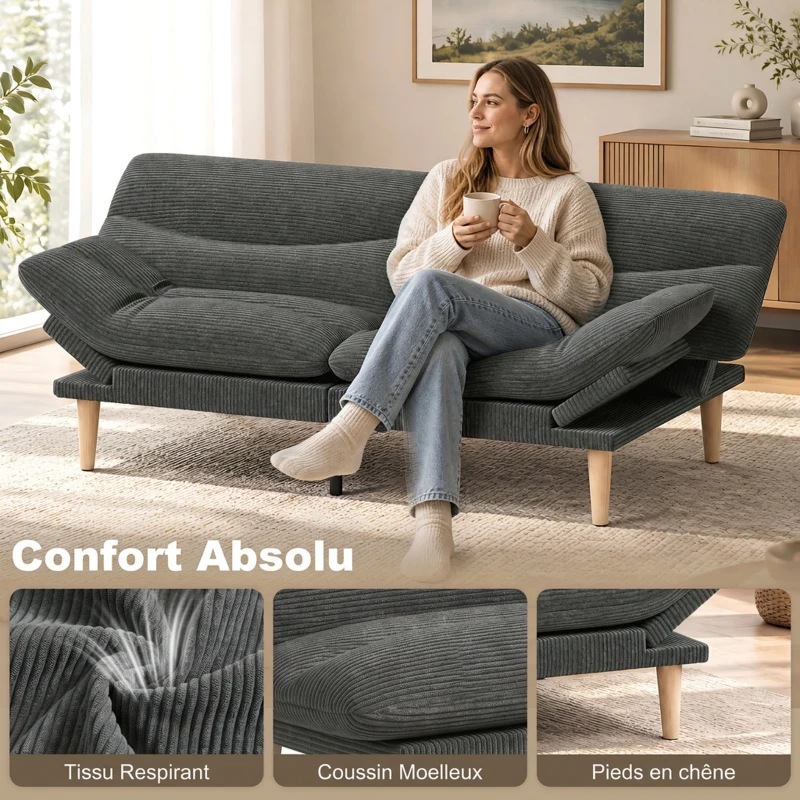 HOMCOM Canapé Convertible 2 Places 3 en 1, Canapé-Lit Clic Clac en Velours Côtelé 193 cm, Dossier et Accoudoirs Réglables, Gris