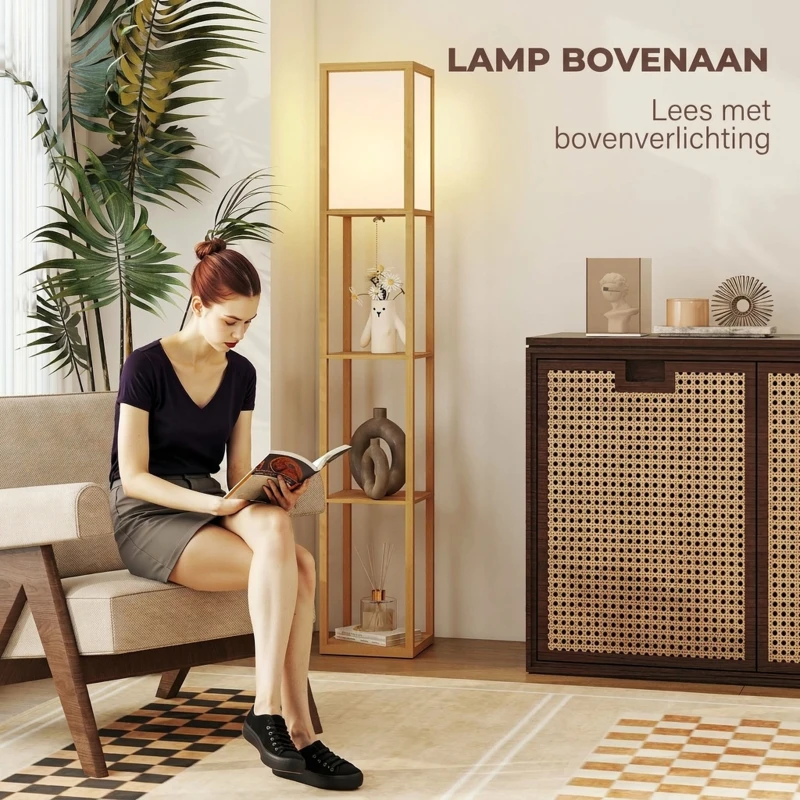 HOMCOM Vloerlamp met 3 planken, staande lamp met E27 fitting, 26 x 26 x 160 cm, voor woon-/slaapkamer (zonder lamp)