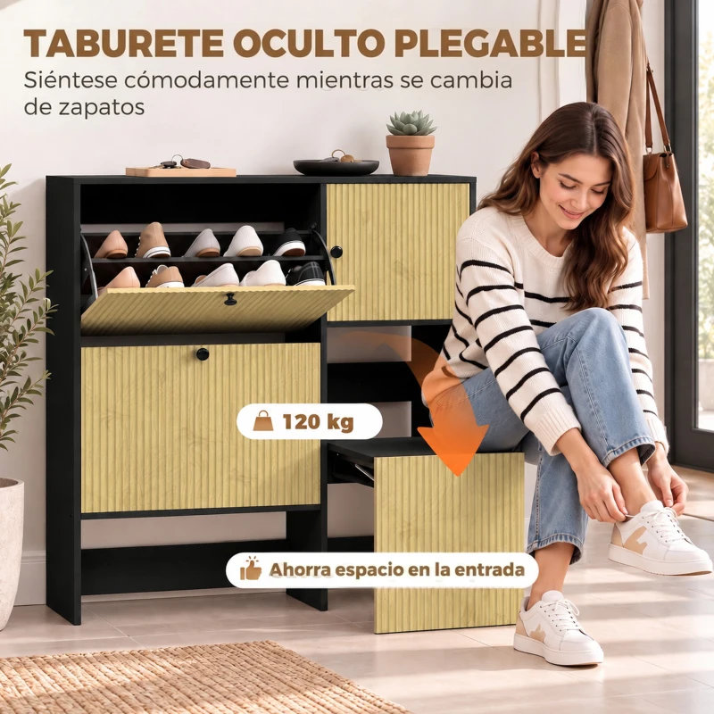 HOMCOM Zapatero Estrecho con 2 Cajones Abatibles Armario Taburete Oculto Estantes Ajustables 8-10 Pares 100x23,8x100 cm Roble