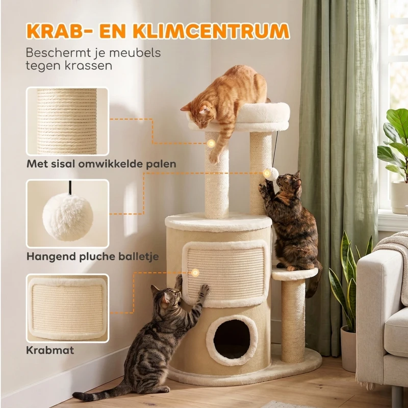 PawHut Krabpaal met 2-laags kattenhol, sisal krabpalen, platform, sisalbord en speelbal, voor katten tot 5 kg