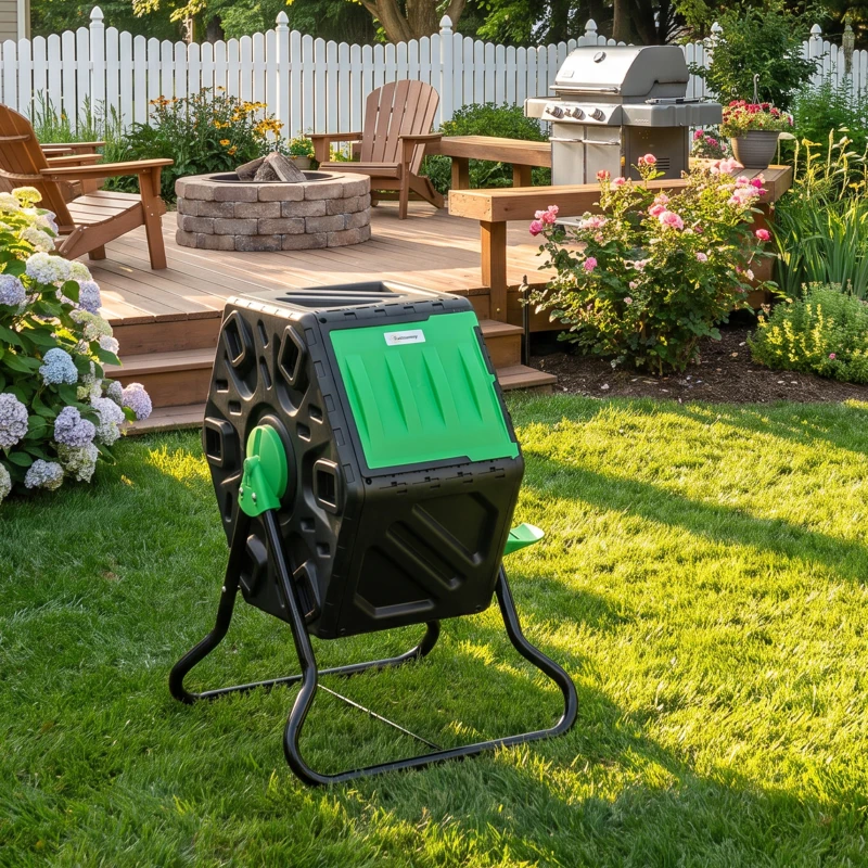 Outsunny 65L Garden Compost Bin, Single Chamber Rotating Composter, Compost Maker with 24 Ventilation Openings and Steel Legs