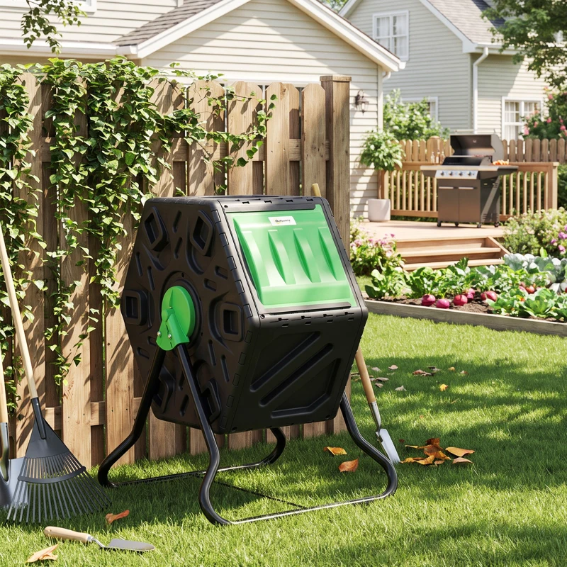Outsunny 65L Garden Compost Bin, Single Chamber Rotating Composter, Compost Maker with 24 Ventilation Openings and Steel Legs