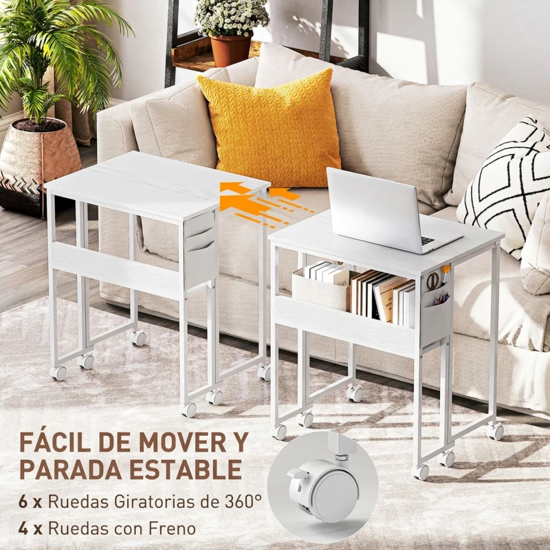HOMCOM Escritorio Plegable con Ruedas Balda y Bolsillo de Almacenaje Ideal para Espacios Pequeños 63x50x75 cm Blanco