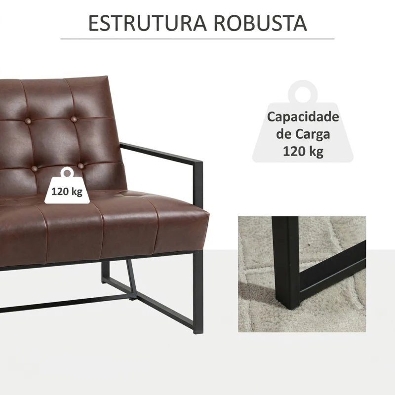 HOMCOM Cadeirão Chesterfield para Sala ou Escritório, Assento e Encosto Capitoné, Estrutura em Metal Preto, Pele Sintética Chocolate
