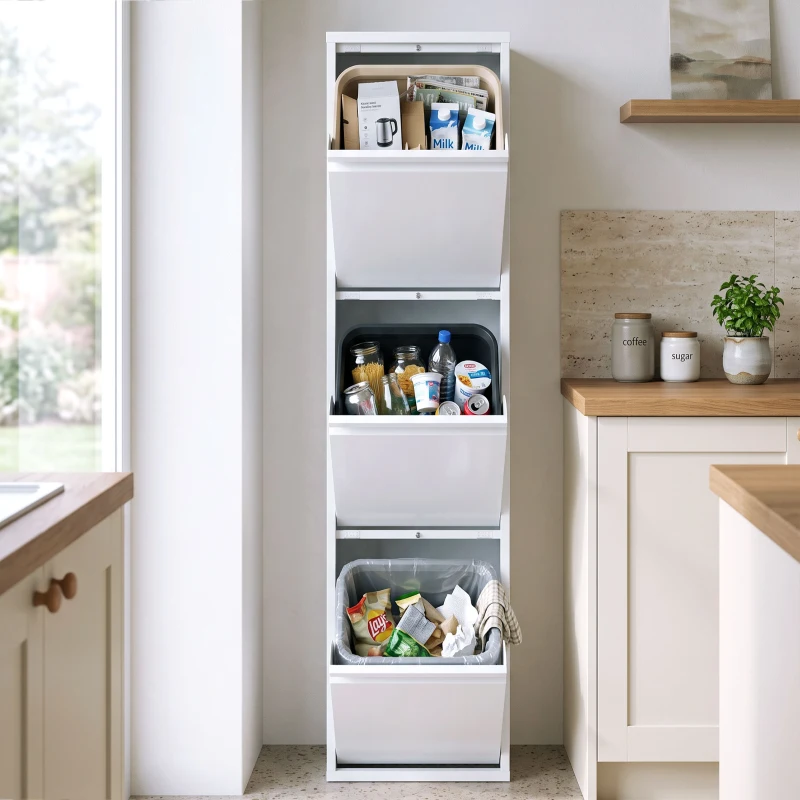HOMCOM Caixote do Lixo de Cozinha 45 L com 3 Compartimentos, Design Estreito, Fecho Suave, Baldes Removíveis, Branco