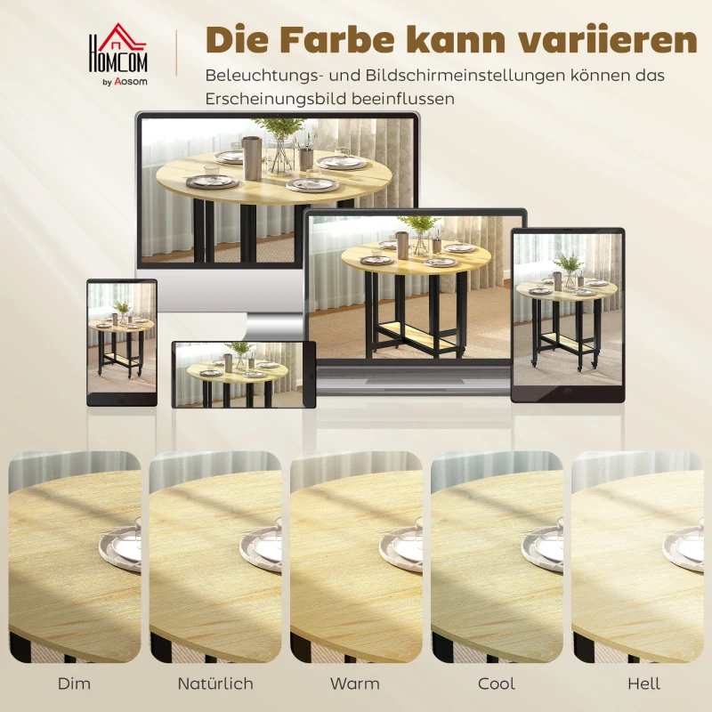 HOMCOM Klapptisch, Tisch mit Klappfunktion und offener Ablage, Rollbarer Küchentisch für Esszimmer, kleine Räume, Eiche