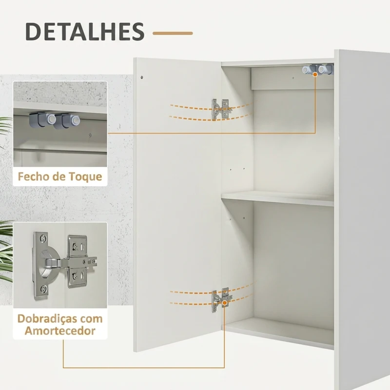 kleankin Armário de Casa de Banho com Espelho de Parede com 2 Portas e Prateleira Ajustável Fecho Suave 60x15x70 cm Branco
