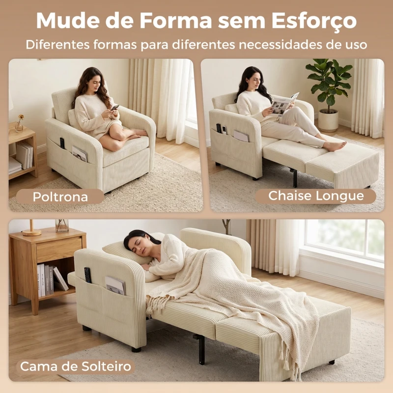 HOMCOM Poltrona-Cama Individual 3 em 1 Sofá-Cama com Encosto Ajustável 1 Lugar Bege