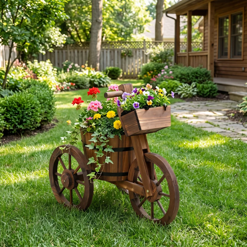 Outsunny Porte Plante Tricycle - étagère de Pots de Fleurs - jardinière dim. 52L x 31l x 45H cm - Bois de Sapin