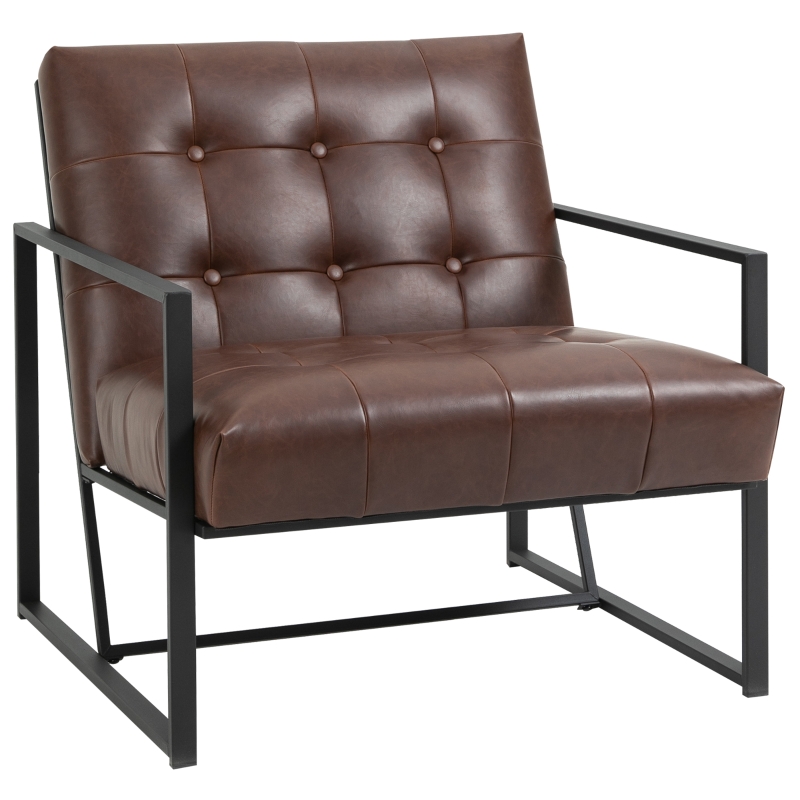HOMCOM Cadeirão Chesterfield para Sala ou Escritório, Assento e Encosto Capitoné, Estrutura em Metal Preto, Pele Sintética Chocolate