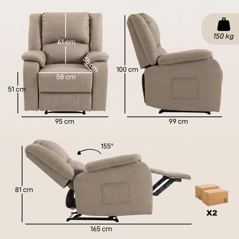 HOMCOM Cadeirão Relax Reclinável Manual em PU com Apoio para os Pés, Assento Largo, Acolchoado Espesso, Reclinável até 155°, Cáqui