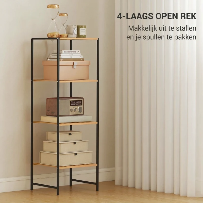 HOMCOM Vrijstaand opbergrek badkamerrek van bamboe en staal, met 4 planken, 4-laags boekenrek, 36,5 x 33 x 110 cm, natuur